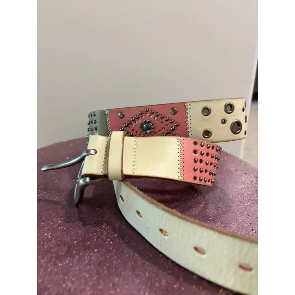 Fossil Patchwork Tooled Leather Belt Floral Embellished